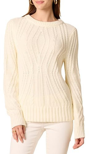 Amazon Essentials Damen Pullover mit Rundhalsausschnitt und Zopfmuster aus 100 % Baumwolle, Elfenbein, M