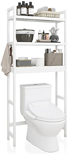 SMIBUY Toilettenregal, Bambus WC Regal, Verstellbar Waschmaschinenregal, Badezimmerregal mit 3 Ablageflächen, platzsparend, leicht zu montieren, Weiß