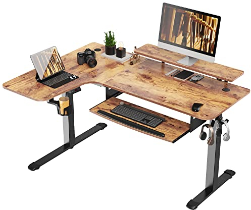EUREKA ERGONOMIC Höhenverstellbarer Schreibtisch 155x110 cm Großer Eckschreibtisch L-förmiger Schreibtisch Höhenverstellbar Elektrisch Schreibtisch mit Tastaturablage, LED Monitorständer