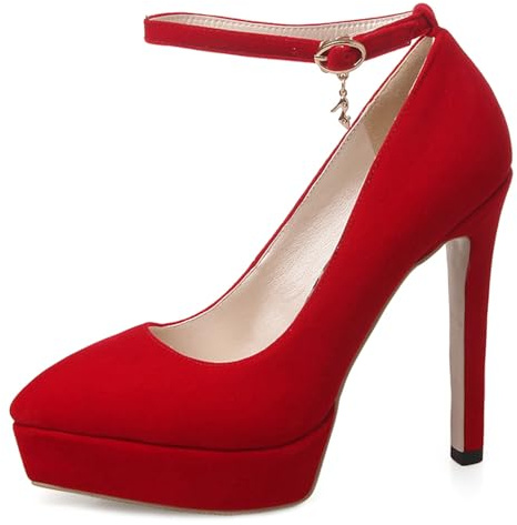 Escarpins à Talons pour Femmes, Pompe à Talon Élevé Pointu Boucle Chaussures de Soirée avec Plateforme Bride Cheville Mode Lhjxlv Rouge Taille 38 EU