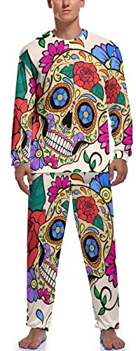 Conjunto de pijama suave de calaveras y rosas de colores alegres para hombre, conjunto de pijama de manga larga con parte superior e inferior, ropa de dormir