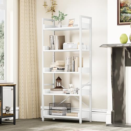 YITAHOME Bookcase 5 Tiers, Floor Standing Book Shelf, Wooden Shelves and Stable Steel Frame Shelving Units with 4 Hooks Industrial Storage for Living Room, Home Office, Pure White Bookcases
