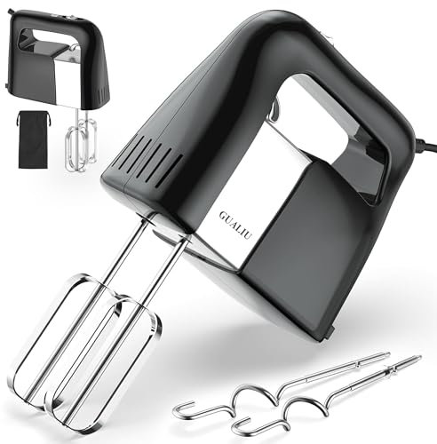 GUALIU 400W Electric Hand Mixer, 5-Speed Handheld Mixer Large Food Mixer with 304 Stainless Steel Whisk Beaters, Dough Hook & Storage Bag, Hand Blender for Baking & Cooking, Turbo Boost/Black