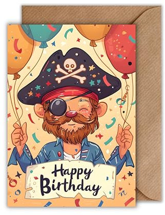 WBdesignz Pirat Geburtstag Karte mit Umschlag - Piraten Geburtstagskarte Junge Happy Birthday Glückwunschkarte zum Geburtstag für Kinder (DIN A6)