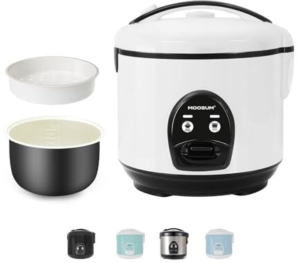 MOOSUM Cuiseur à riz & bouton unique,0,8L Petite capacité,Pour 2-5 personnes,Préparation rapide sans brûler - Avec fonction maintien au chaud, y compris panier vapeur, cuillère & verre doseur, Blanc