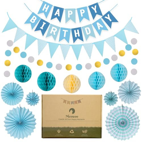 Meowoo Geburtstagsdeko, Blau Geburtstag Party Deko - Happy Birthday Girlande, Wimpelkette, Wabenblumen, Papierfächer - Wiederverwendbare Deko Geburtstag für alle Menschen