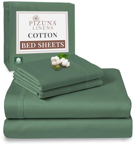 Pizuna 100% Cotton Super King Bed Sheet Set Hedge Green 400 Thread Count | 400 Thead Count Long Staple Cotton Bedding, 300x280 cm, Soft Sateen 4 Pc King -fitted Flat Sheet & 2 Pillowcases