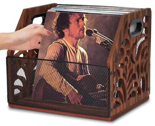 JUJOYBD Supporto per dischi in vinile, vintage, in legno, per la conservazione di 80 LPs, anche per album, riviste, libri, documenti, giornali
