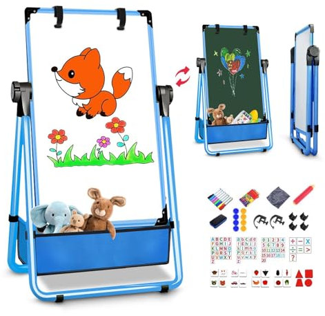 Chevalet Enfant Double Face Réglable 360° - Tableau Blanc & Noir avec Pince à Dessin - Cadeau Créatif 3 Ans et + Garçon Fille (bleu)