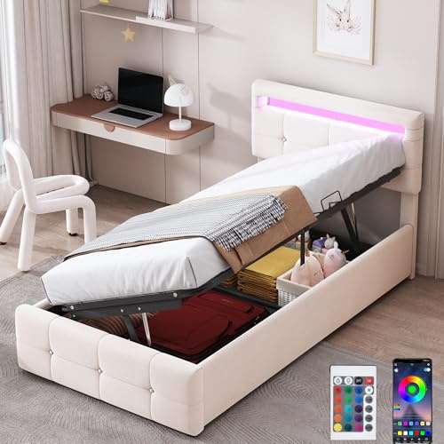 Cama 90 x 190 cm con LED, cama tapizada para niños de 90 x 200 cm, con espacio de almacenamiento y cabecero ajustable, cama individual con somier, cama juvenil, cama de almacenamiento, cama infantil