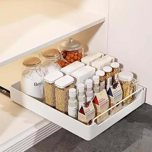 Adjustable Telescopic Slide-Out Drawer Shelves for Kitchen Cabinets Pull-Out nizer with Rail System Space-Saving Storage Solution (White 43x35x7cm)