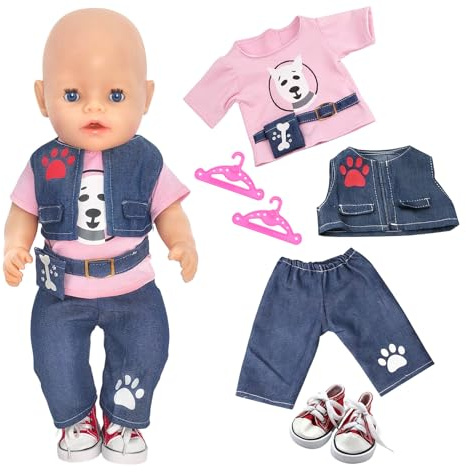 WanderGo Abbigliamento per bambole da 35-43 cm, 6 pezzi con top + gilet + pantaloni + grucce + scarpe, accessori per bambole da 35-43 cm (senza bambola)