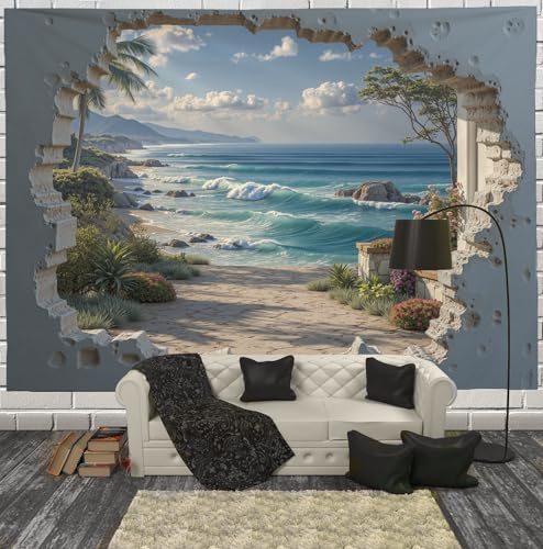 JRISEMECY Tapiz Grande Agujero Rasgado 3D Abstracto, 150X130Cm Tapiz De Pared Arte Mural Paisaje Costero Decorativo Tapices Pared De Tela Para Sala De Estar, Habitación, Dormitorio, Azul Blanco