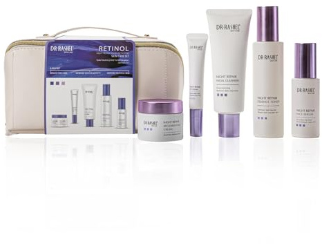 Ansiktsvårdsset med Retinol 5 delar – nattreparation rutin – anti-aging ansiktsserum, ögonkräm, ansiktskräm, ansiktsrengöring och toner för fastare hud och rynkreducering – presentset damer