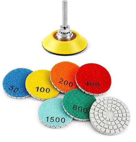 Lote de 8 discos de pulido húmedo con diamante de 50 mm, 7 granos, 50 a 3000 #, con soporte de hebilla de agarre automático y mango redondo de 6 mm para pulir piedra, mármol y vidrio