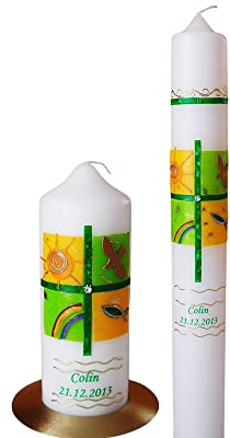 Taufkerze/Kommunionkerze,Konfirmationskerze mit Symbolen Kreuz,Fisch,Sonne-grün,gelb. Name,Datum**Junge Mädchen B076Z2Q6MX