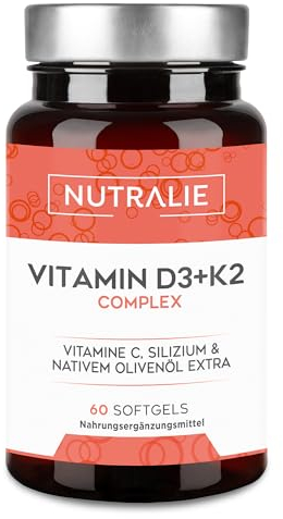 Vitamina D3 e K2 10000 UI - Immunità Ossa e Muscoli - Vit D3 K2 MK7 con Vitamina C e Olio Extravergine di Oliva - 60 Softgel Vitamina D Complex Nutralie