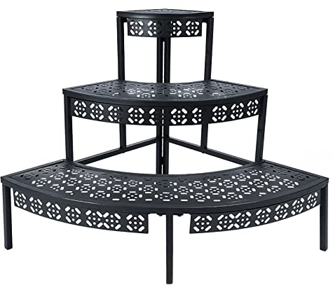 aboxoo 3 Tier Plant Stand Flower Pot Rack, Metal Stair-Step Style Corner Shelf Planters, Quarter Round Display Holder for Indoor Outdoor Use(Black, Semicircle)