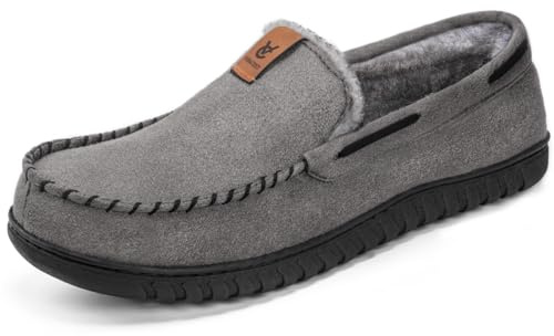 VeraCosy Men's Classic Moccasin Slippers Soft Faux Suede Memory Foam Closed-back Indoor House Shoes Grey, 10 UK