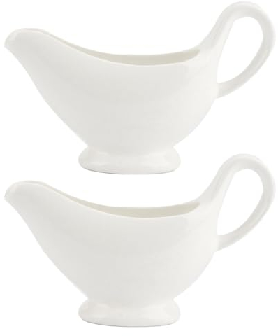 Angoily Juego de 2 salseras de porcelana blanca de 110 ml con asa, recipiente para salsas clásicas con vertido de labios para salsa, aderezos para ensaladas, caldo de leche, crema, zumo de queso,