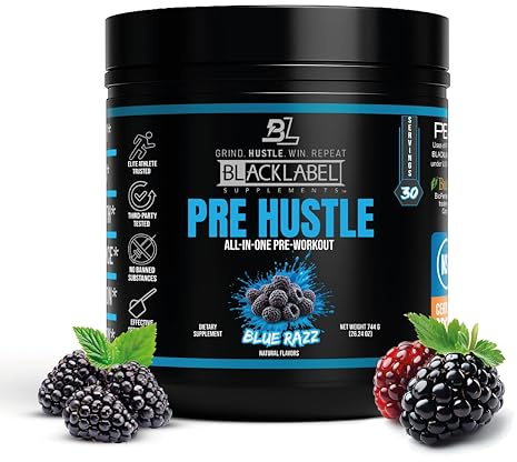 BLACKLABEL Supplements PRE Hustle V3 Pre-Workout Powder – NSF Certified for Sport – Energy, Strength & Endurance Support – Blue Razz – with Creatine & Caffeine – 30 Servings