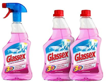 Kit Glassex, 1 Glassex Aceto e Asciuga Rapido Vetri e Multiuso 500 ml, 2 Ricariche Glassex con Aceto e Asciuga Rapido 500 ml.