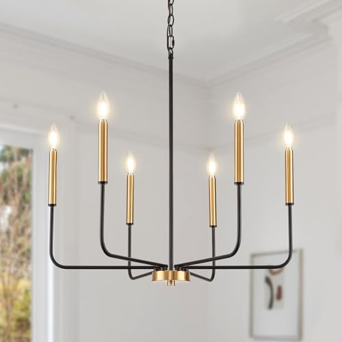 Zuyurt Black and Gold Chandelier, Modern Farmhouse Dining Room Light Fixture 6-Light Chandelier with Chain, Metal Hanging Lighting Fixtures Candle Dining Lights for Kitchen, Living Room, Bedroom,Foyer