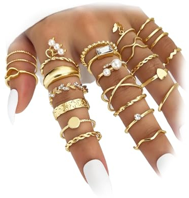 IFKM 24PCS Gold Knuckle Rings Set For Women Vintage Stackable Joint Finger Midi Rings Dainty Cubic Zirconia Crystal Simple Twist Hollow Cute Rings Pack Jewelry Gift (Heart's Voice, Gold)