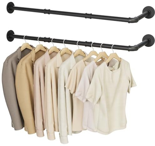 YheenLf Attaccapanni da Muro Forma di L, Barra Appendiabiti da Parete, Porta Abiti Per Tubo Industriale in Acciaio Inossidabile, per Bagno, Cucina Corridoio, 90×30 cm, 2-Pack, Nero