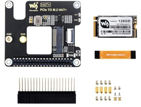Waveshare PCIe to M.2 Adapter for Raspberry Pi 5, with 128GB Solid State Drive, Supports NVMe Protocol M.2 Solid State Drive, High-Speed Reading/Writing, HAT + Standard