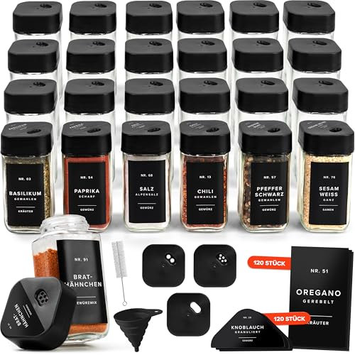 EDELHAUS Gewürzgläser Eckig Set mit Streueinsatz (24 x 120ml) Gewürzstreuer mit 240 Etiketten Schwarz - Hochwertige Gewürzbehälter, Gewürzdosen (24x Verstellbarer Deckel)