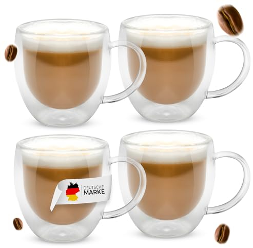 Lemontree 4er Set Cappuccino Tassen 250ml - doppelwandige Gläser mit Henkel - Design Kaffeetassen - Teegläser hitzbeständig, Espresso Tassen aus Borosilikatglas