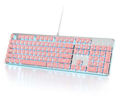 SbocKeeb Kabelgebundene Gaming-Tastatur Schreibmaschine, 104 Tasten Membran-LED-Hintergrundbeleuchtung US-Layout QWERTY mit runden Tasten für Computer/PC/Laptop/Windows（G1000-Rosa）