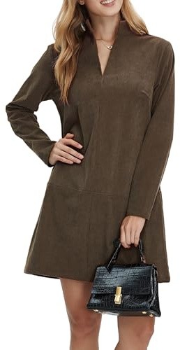 EZAPINE Robe en Velours côtelé à Manches Longues avec col en V et Poches pour Femme, Marron, Taille M
