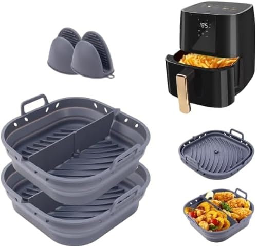 IZILAVI Lot de 2 Moules Air Fryer Silicone Alimentaire avec Séparateur, Double Compartiment, Becs Verseurs, Antiadhésif, Réutilisable, Compatible Friteuse à Air, Four et Lave-Vaisselle + Gants