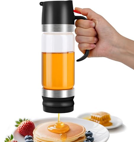 hoforife 340ml/12 Oz Glass Honey Dispenser No Drip with Silicone Base Maple Syrup Dispenser Jar for Pancake, Coffee or Tea (Black)
