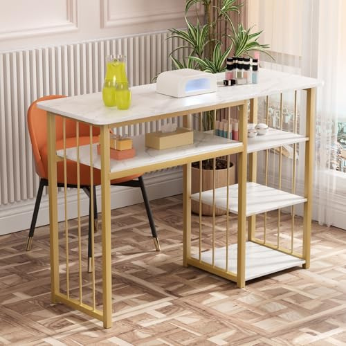 Nagelbord, manikyrbord, marmoreringstextur manikyrskrivbord med flera öppna hyllor, naglar tekniskt skrivbord för skönhetssalong spa, rymlig förvaring spikstation, modernt lyxigt nagelskrivbord vitt