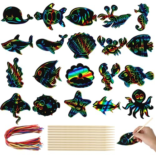 64 Pièces Animaux Marins Carte a Gratter Enfant, Rainbow Scratch Art Painting, Bricolage Papier a Gratter Enfant avec Crayon en Bambou et Ficelle, Idéal pour Anniversaires, Fêtes