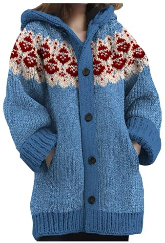Duohropke Norvégien Cardigan d'hiver en grosse maille pour femme avec capuche Alpaga Multicolore Long Pull à capuche Boutons Jacquard Sweatshirt chaud Pull en tricot épais Veste matelassée, bleu, XL