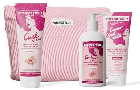 ENERGIE FRUIT Cacao Curl - Coffret Cadeau Routine Nutrition Intense - Shampoing, Masque Nourrissant & Lait Coiffant Nutri Frizz - Cheveux Frisés à Crépus - Beurre de Cacao BIO - Trousse