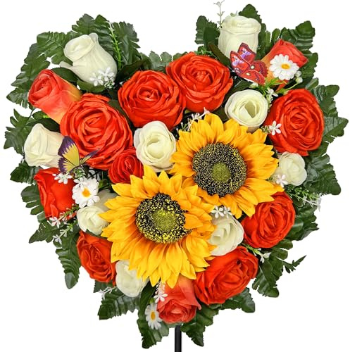 HENOMO Artificial Cemetery Flowers, Grave Memorial Flowers with Ground Spike,Heart Shaped Wreaths Sunflower Rose for Gravesites Decoration