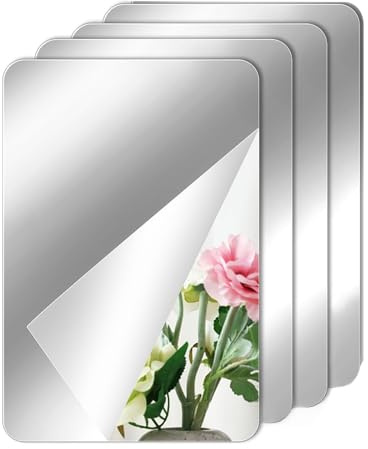 Vauki Pack de 4 Carreaux de Miroir Autocollants, Miroirs Autocollants - Miroir Acrylique 30 x 20 cm, Miroir Flexible Autocollant à Coller pour Salle de Bain, Chambre, Vestiaire, école, Maison