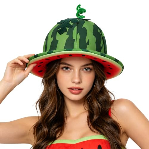 FakeFace Watermelon Hat Novelty Fruit Shaped Bucket Hat Funny Plush Cap Party Headwear Photo Prop for Cosplay Halloween Carnival Costumes