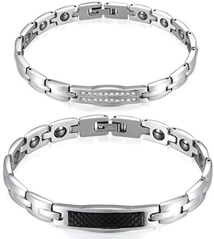 Flongo rostfritt stål magnet terapi boll kol fiber kolfiber strass armband armband magnetarmband partnerarmband silver hälsa par set gåva damer, män, 20 centimeters, Rostfritt stål, Utan sten