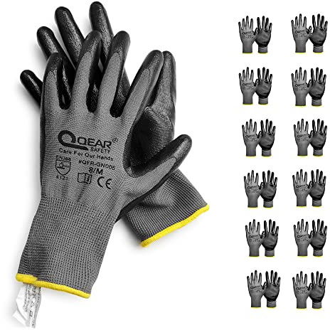 QEARSAFETY Confezione da 12 paia di guanti rivestiti in gomma nitrilica, multifunzione, leggeri, buona resistenza all'abrasione, olio/grasso, 9/Large, Grigio/nero,