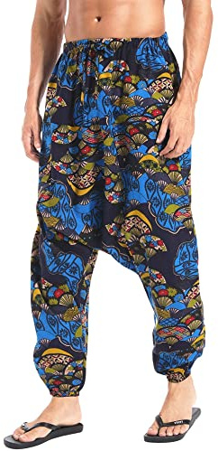 AITFINEISM Herrbyxor Med Dragsko Lässige Hippie Harem Byxor Löst Drop Crotch Byxor (3XL, Stil Blått)