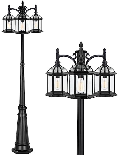 Aluminum Outdoor Lamp Post Birdcage, Hardwired Street Light Post for Outside, 3-Head Pole Light Modern Lamp Post Outdoor Lighting with Clear Glass Panels for Garden Patio Backyard Walkway Driveway
