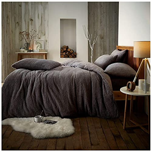 GC GAVENO CAVAILIA Teddy Bear Fleece Plain Double Duvet Cover Set Charcoal | Luxury Teddy Fleece Soft Cuddly Thermal Warm & Cosy Fluffy Double Bed Bedding Set - Perfect For Winter - 200 Cm x 200 Cm