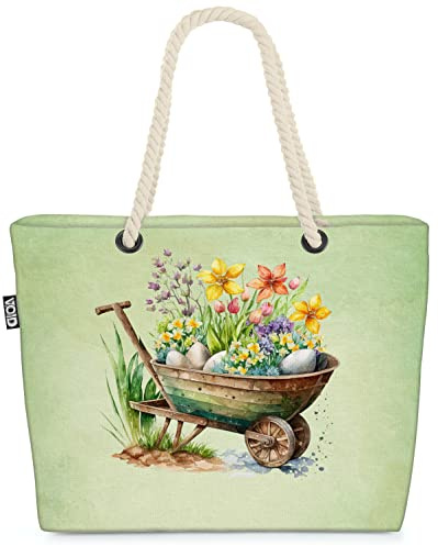 VOID Skottkärra blommor vår påsk strandväska shoppingväska 58 x 38 x 16 cm 23 l XXL shoppingväska väska resväska strandväska, flerfärgad, XXL, avslappnad