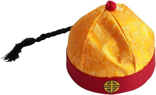 Adults Red & Yellow Traditional Chinese Mandarin Emperor Style Hat With Black Braid Fancy Dress Cosplay Role Play Accessory